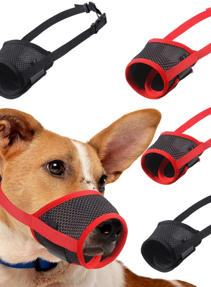 Soft Nylon Dog Muzzle with Breathable Mesh Fabric and Adjustable Strap, 4-Piece Set (Red & Black) for Small to Medium Dogs - Anti-Biting, Barking, and Chewing Mouth Guard.