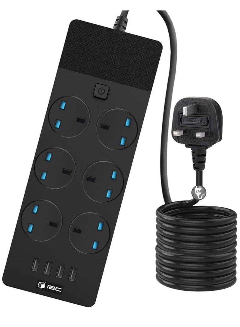 2M Extension Lead with 4 USB Ports and 6 Sockets, Surge Protected Wall Mount Power Strip, Built-in Fuse, Black