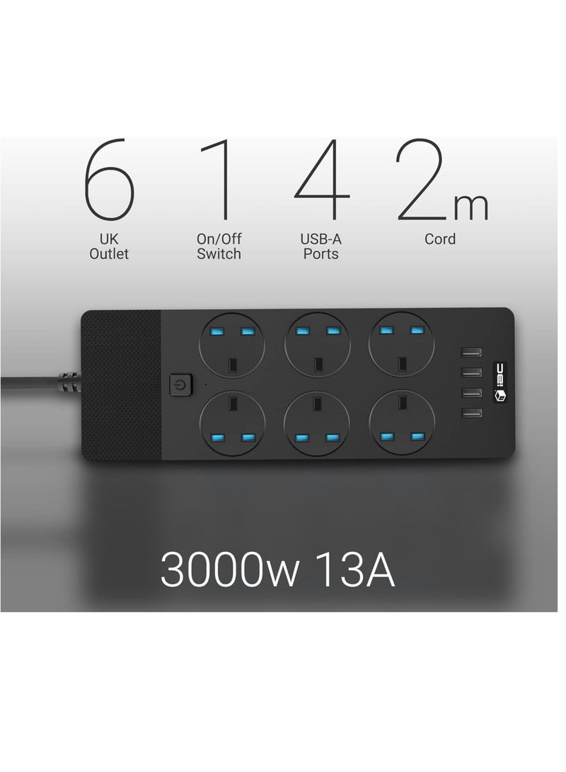 2M Extension Lead with 4 USB Ports and 6 Sockets, Surge Protected Wall Mount Power Strip, Built-in Fuse, Black