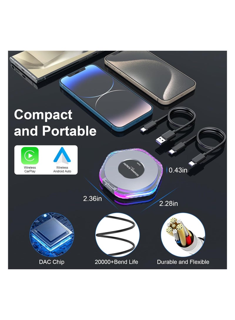 Wireless CarPlay and Android Auto Adapter, 2024 Plug & Play Magic Box for iOS 10+ and Android 11+, Includes USB-C and USB-A Cables, Easy Connection for Your Phone.