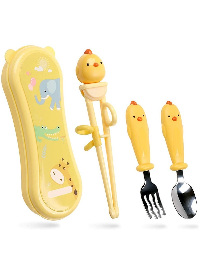 Baby Training Chopsticks Set Chopstick Spoon Fork and Case Reusable Learning with Attachable Helper for Kids Beginners Right Handed Only