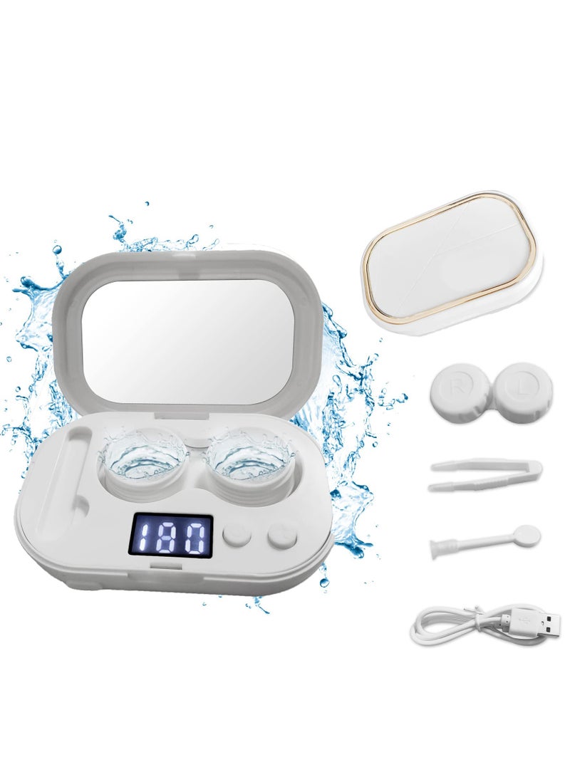 Portable Ultrasonic Contact Lens Cleaner Machine with USB Charger and LED Display for Quick and Gentle Cleaning of Soft and Hard Lenses - Ideal for Daily Care (White)