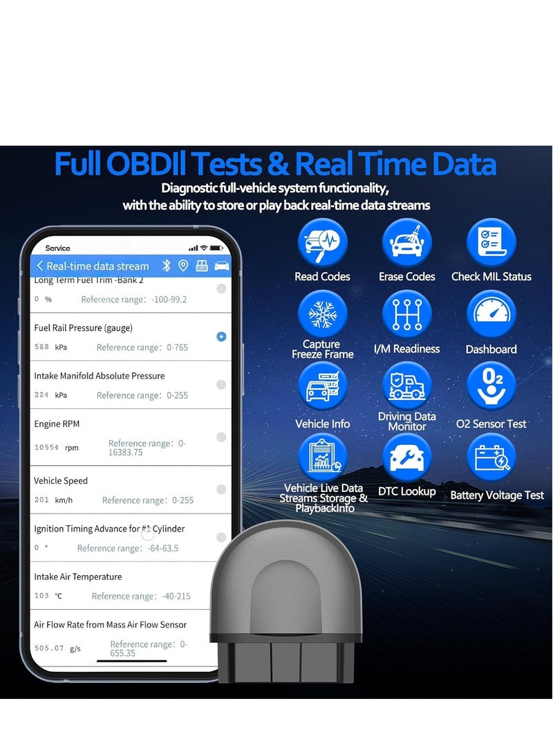 OBD2 Bluetooth Car Scanner Adapter Wireless OBD II Diagnostic Scan Tools for iPhone Android Enhanced Vehicle Code Readers with All System Scan Live Data Freeze Frame Performance Test
