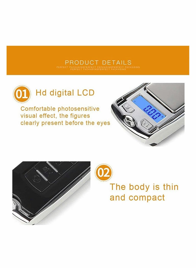 200 G 001G Mini Digital Pocket Scale Precision Mini Portable Gram Scale with Ring Keychain MultiFunction Car Key Shape Electronic Scale for Jewelry Food (Silver)