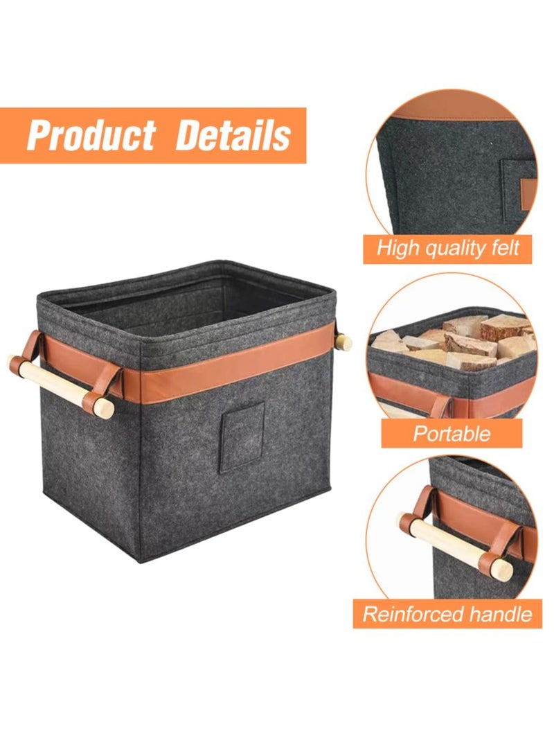 Firewood Basket Felt Basket Multifunctional Extra Thick Felt Reinforced Handle Foldable Wood Basket Felt Bag as Storage Basket for Shopping (Black)