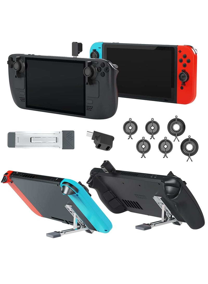 Steam Deck Joystick Guard Set: 6 Protective Holders, 1 Kickstand, and 1 90-Degree USB-C Male to Dual USB-C Adapter for Switch Lite and Phones.