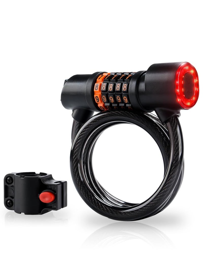 Integrated Rear Bike Light with 4ft Digital Combination Lock Cable, High Security PVC Material, Includes Mounting Bracket for Bicycles, Motorcycles, and Scooters (Black, 1 Pack)