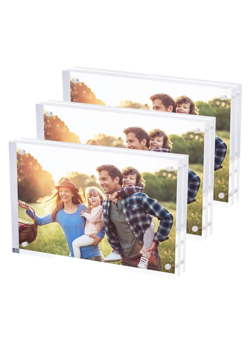 Magnetic Acrylic Picture Photo Frame 4x6 inches (3 Pack), Clear Glass Like, Double Sided Frameless Desktop Floating Display, Free Standing, Easy to Change