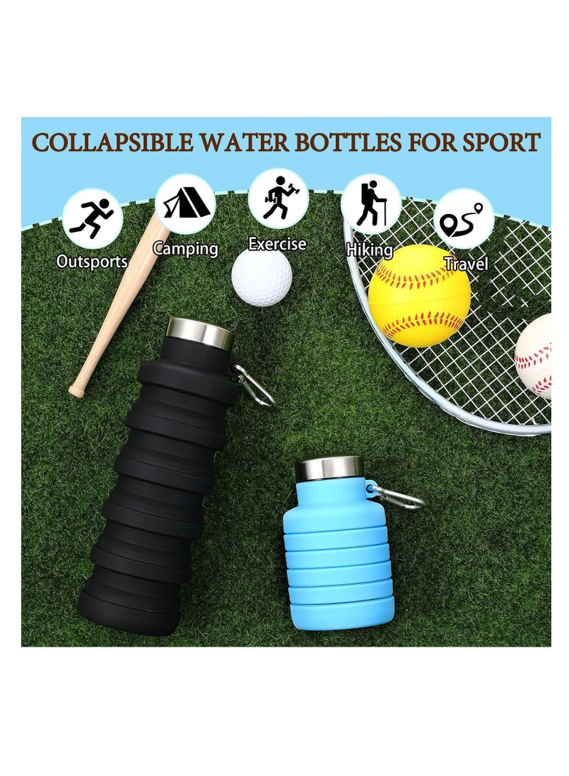 2Pcs Collapsible Water Bottles, Food-Grade BPA-Free Silicone Travel Bottles, Lightweight Portable Water Bottle, Reusable Silicone Water Bottle, for Camping Hiking Sport, 500ml Blue and Black