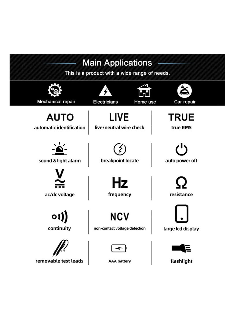 Automatic Anti-Burn Intelligent Digital Multimeter Zero and Fire Wires Tester Non Voltage Detector Fast Accurately Measures Voltage Current Conductor On/Off Color Ring Resistance
