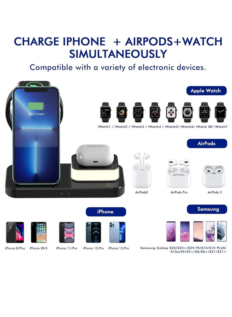 Wireless Charger for iPhone 15/14/13/Pro/Mini/Max/12/11/XS/XR/X/8/Samsung 3 in 1 Charging Station Dock Stand with Night Light for Apple iwatch 8/Ultra/7/SE/6/5/4/3/2