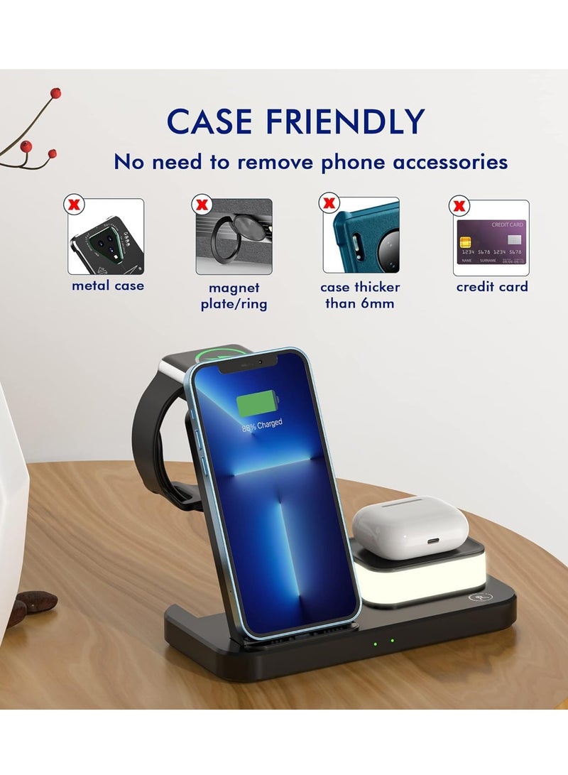 Wireless Charger for iPhone 15/14/13/Pro/Mini/Max/12/11/XS/XR/X/8/Samsung 3 in 1 Charging Station Dock Stand with Night Light for Apple iwatch 8/Ultra/7/SE/6/5/4/3/2