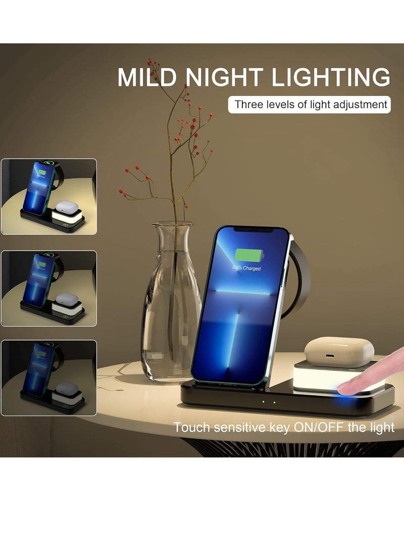 Wireless Charger for iPhone 15/14/13/Pro/Mini/Max/12/11/XS/XR/X/8/Samsung 3 in 1 Charging Station Dock Stand with Night Light for Apple iwatch 8/Ultra/7/SE/6/5/4/3/2