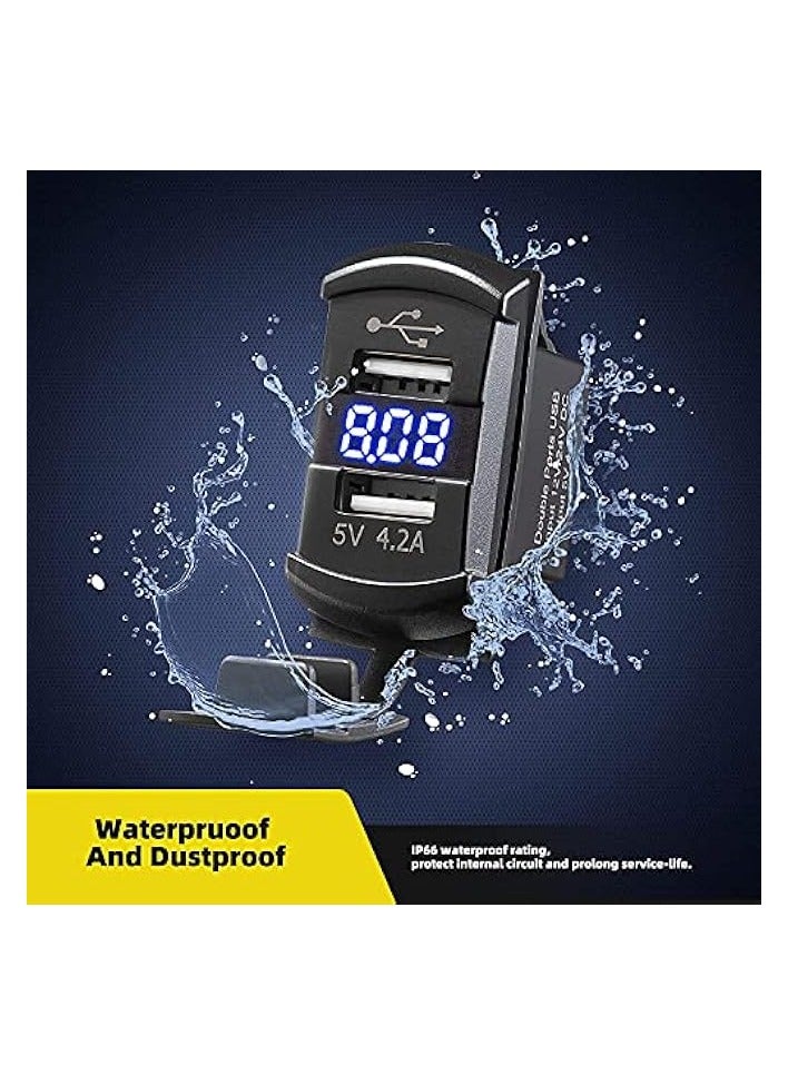 Car Charger 4.2A Dual USB Port Socket Rocker Style Adapter Socket and Waterproof Fast Charge Mount with Blue Led Digital Voltmeter for Rocker Marine Switch Panel on Boat RV Vehicle ect