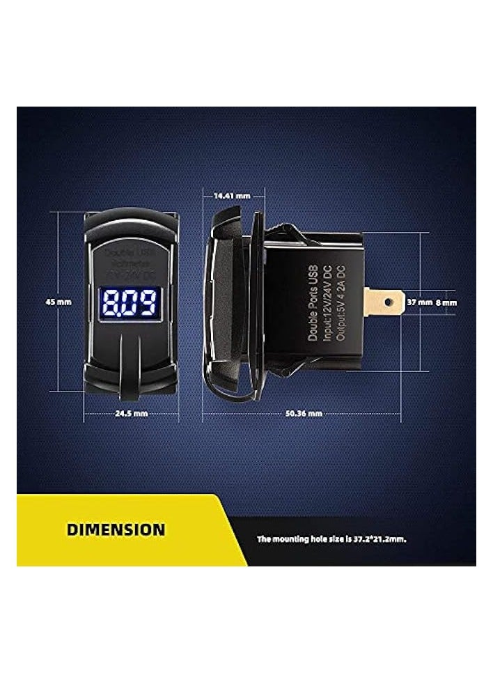 Car Charger 4.2A Dual USB Port Socket Rocker Style Adapter Socket and Waterproof Fast Charge Mount with Blue Led Digital Voltmeter for Rocker Marine Switch Panel on Boat RV Vehicle ect