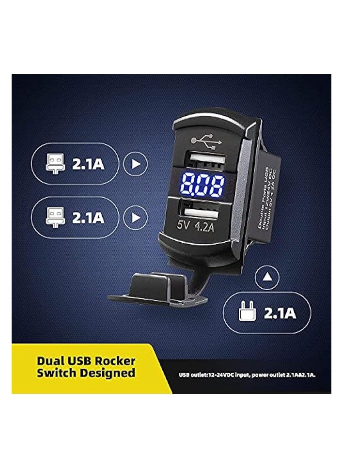 Car Charger 4.2A Dual USB Port Socket Rocker Style Adapter Socket and Waterproof Fast Charge Mount with Blue Led Digital Voltmeter for Rocker Marine Switch Panel on Boat RV Vehicle ect
