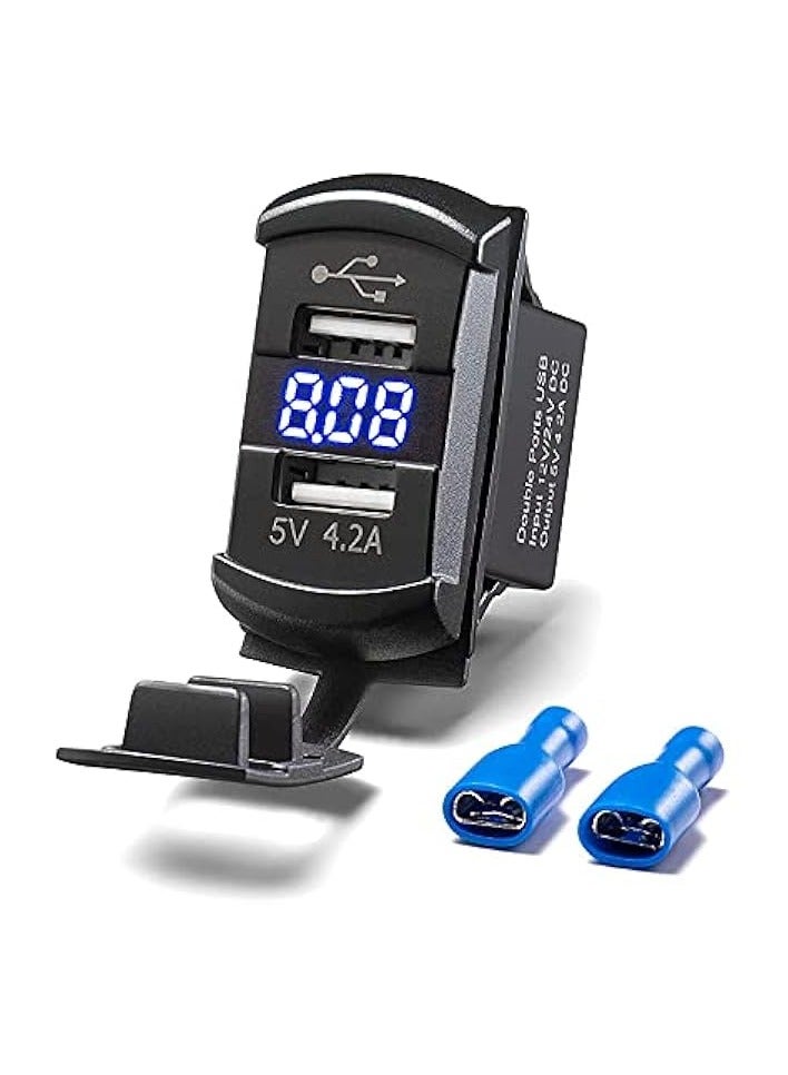 Car Charger 4.2A Dual USB Port Socket Rocker Style Adapter Socket and Waterproof Fast Charge Mount with Blue Led Digital Voltmeter for Rocker Marine Switch Panel on Boat RV Vehicle ect