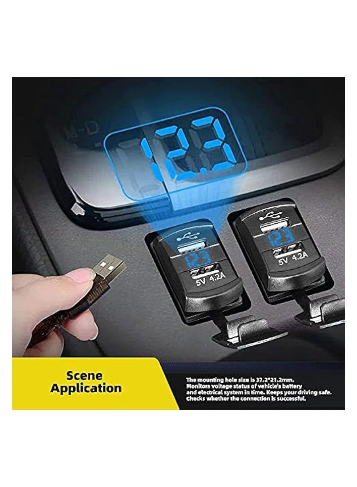 Car Charger 4.2A Dual USB Port Socket Rocker Style Adapter Socket and Waterproof Fast Charge Mount with Blue Led Digital Voltmeter for Rocker Marine Switch Panel on Boat RV Vehicle ect