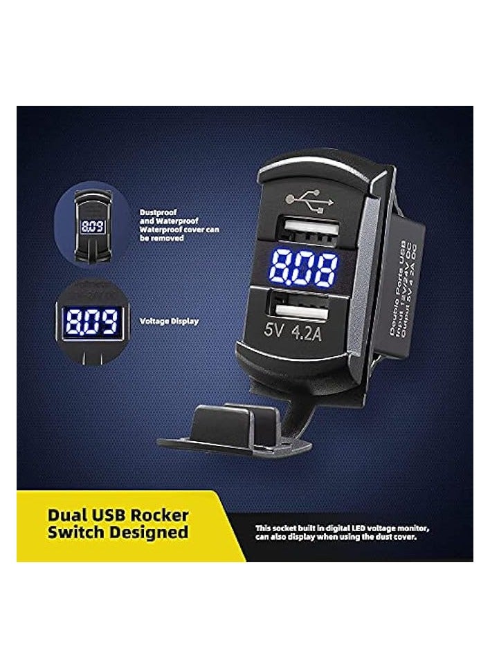 Car Charger 4.2A Dual USB Port Socket Rocker Style Adapter Socket and Waterproof Fast Charge Mount with Blue Led Digital Voltmeter for Rocker Marine Switch Panel on Boat RV Vehicle ect