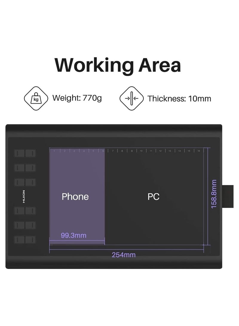 Inspiroy H1060P Graphics Drawing Tablet | 12 Customizable Hot Keys, 8192 Pressure Sensitivity, Battery-Free Stylus | 10x6.25