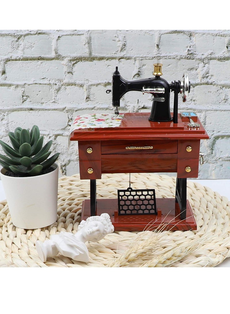 Vintage Sewing Machine Music Box Hand Cranked Mini Decor Brown Retro Style