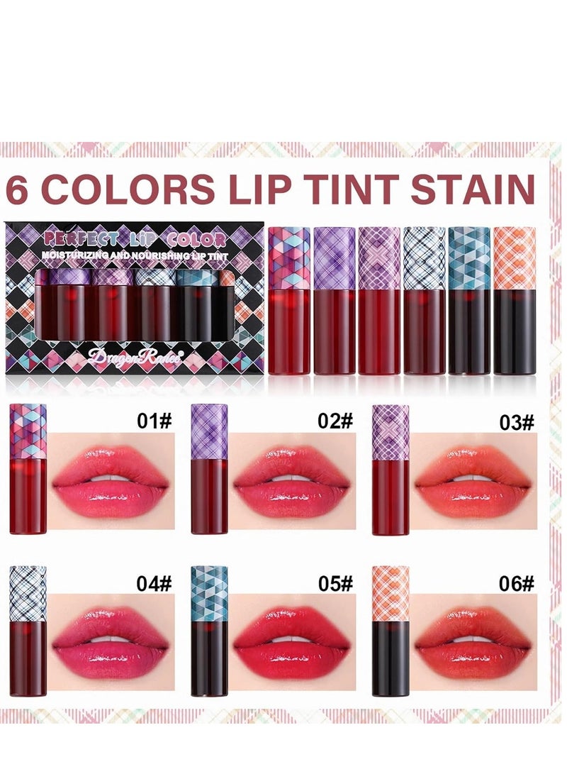 6 Colors Lip Tint Stain Set 24 Hours Long Lasting Red Liquid Lipstick Velvet Tint, Moisturizing Plump Gloss Multi-use Cheek Tint, Lightweight Non-Sticky Longwear Makeup