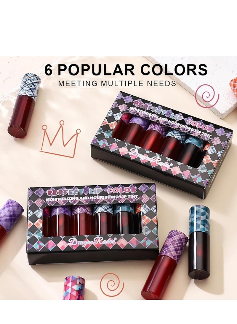 6 Colors Lip Tint Stain Set 24 Hours Long Lasting Red Liquid Lipstick Velvet Tint, Moisturizing Plump Gloss Multi-use Cheek Tint, Lightweight Non-Sticky Longwear Makeup