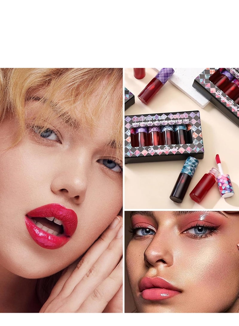 6 Colors Lip Tint Stain Set 24 Hours Long Lasting Red Liquid Lipstick Velvet Tint, Moisturizing Plump Gloss Multi-use Cheek Tint, Lightweight Non-Sticky Longwear Makeup