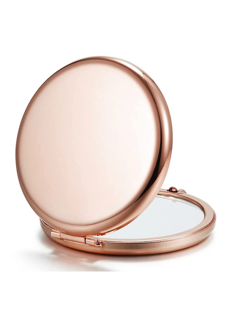 2 PCS Double-Sided Compact Makeup Mirrors, 1X/2X Magnification, Metal Pocket Size, Round Design, Rose Gold Finish