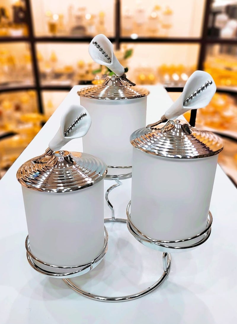 3Piece Glass Candy Jar with Metal Stand and Lid