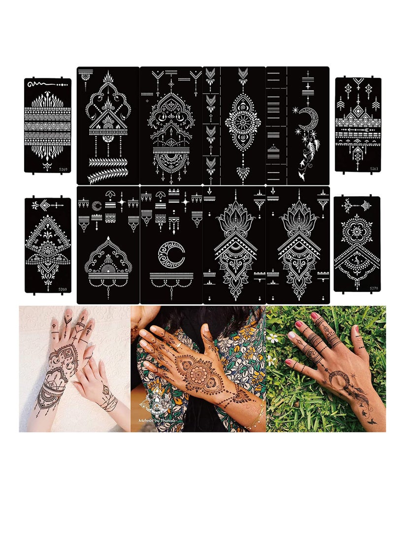 Temporary Tattoo Stencils, 12 Sheets of Self-Adhesive Henna Designs, Reusable Body Art Stickers for Kids and Adults, Creative Painting Templates