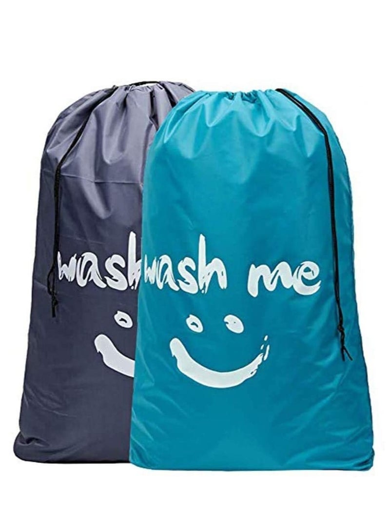 2 Pack XL Wash Me Travel Laundry Bag Machine Washable Dirty Clothes Organizer Large Enough to Hold 4 Loads of Laundry Easy Fit a Laundry Hamper or Basket, Light Blue and Grey Patent Design