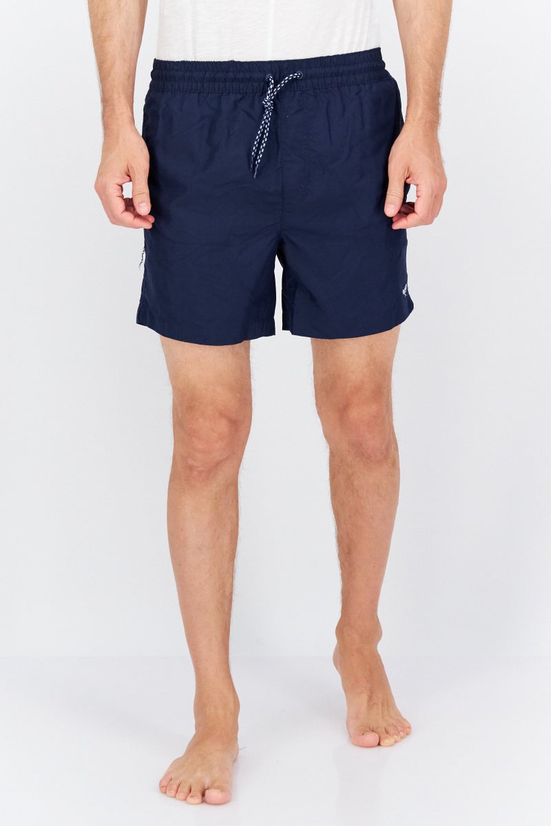 Men 2 Pc Grid Pattern Drawstring Board Shorts, Navy/White