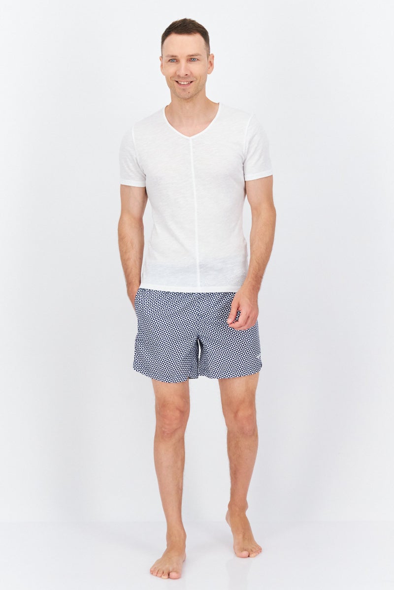 Men 2 Pc Grid Pattern Drawstring Board Shorts, Navy/White