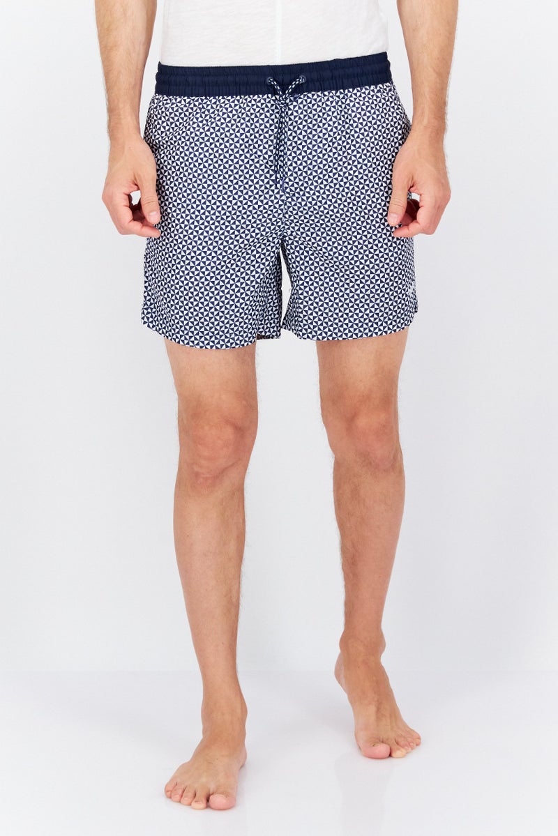 Men 2 Pc Grid Pattern Drawstring Board Shorts, Navy/White