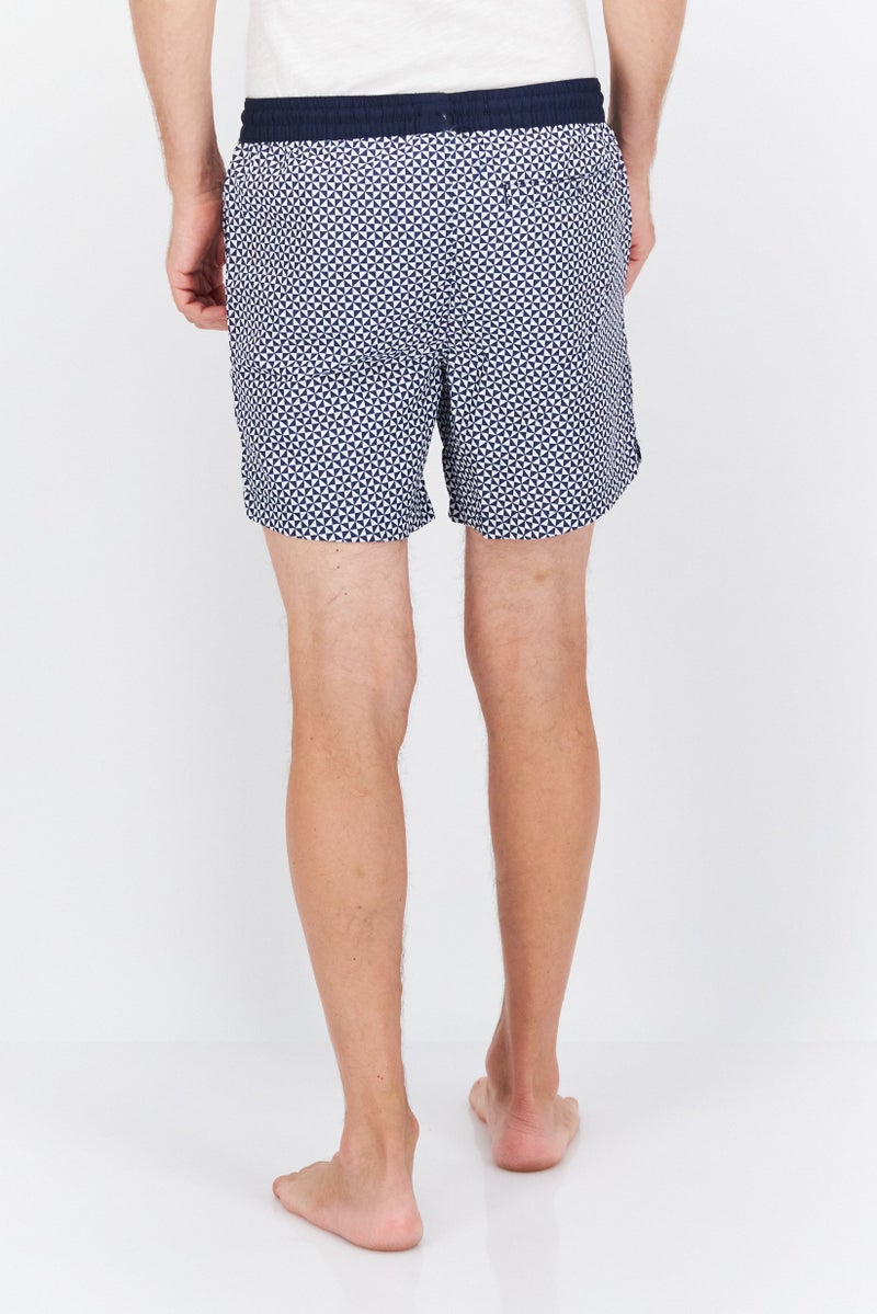 Men 2 Pc Grid Pattern Drawstring Board Shorts, Navy/White