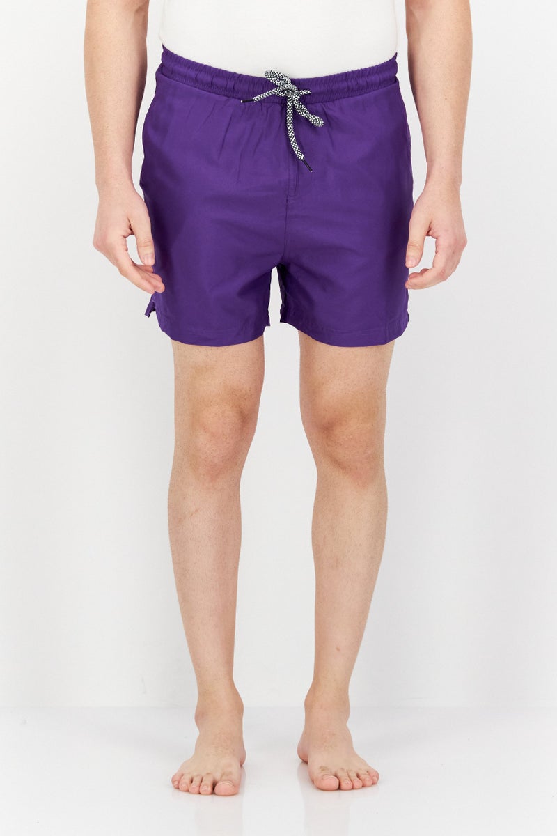 Men Drawstring Plain Board Shorts, Purple