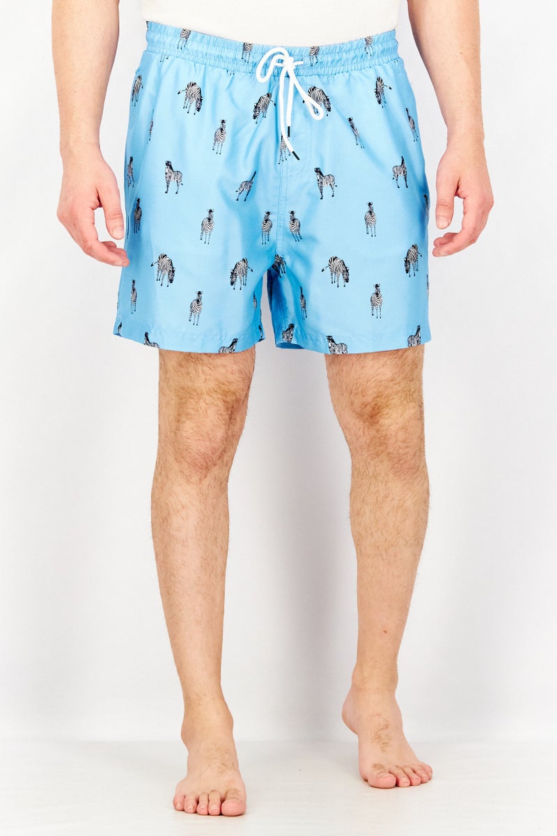 Men Allover Print Drawstring Swim Shorts, Blue