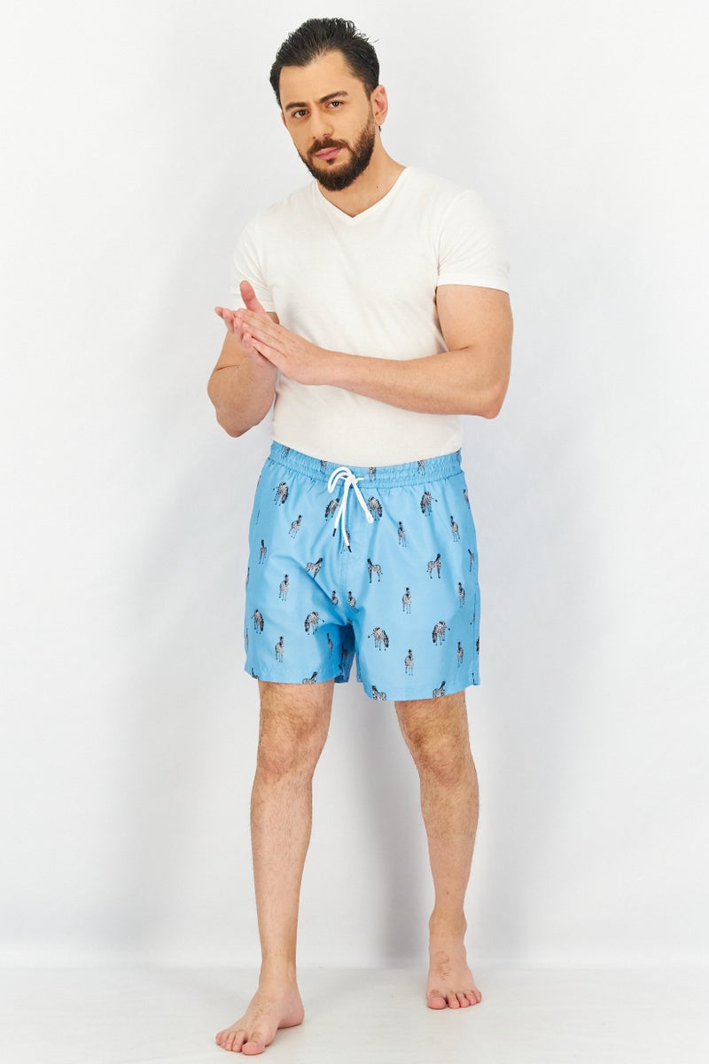 Men Allover Print Drawstring Swim Shorts, Blue