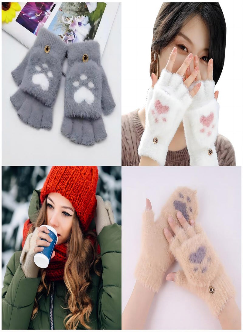 Winter Fingerless Gloves, 3 Pairs Cat Paws Cosplay Faux Fur Plush Gloves for Women, Warm Fleece Lined Knit Gloves with Elastic Cuff, Perfect for Cold Weather