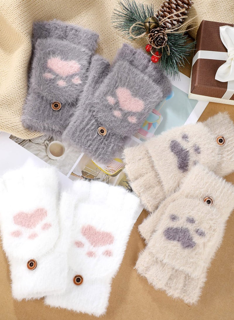 Winter Fingerless Gloves, 3 Pairs Cat Paws Cosplay Faux Fur Plush Gloves for Women, Warm Fleece Lined Knit Gloves with Elastic Cuff, Perfect for Cold Weather