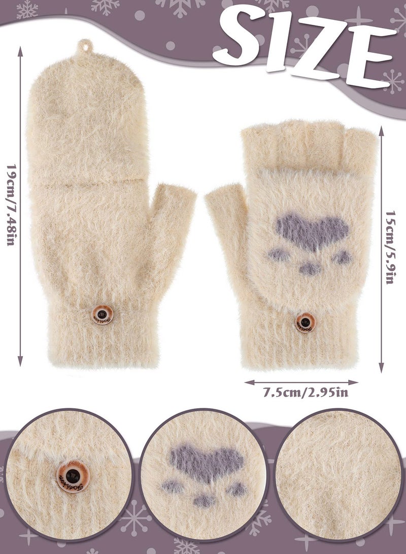 Winter Fingerless Gloves, 3 Pairs Cat Paws Cosplay Faux Fur Plush Gloves for Women, Warm Fleece Lined Knit Gloves with Elastic Cuff, Perfect for Cold Weather