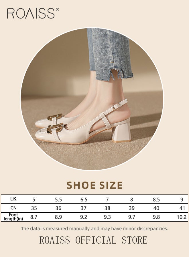 Metal Decor Square Toe Chunky Heeled Pumps for Women Elegant Leather Slingback Hollow Back Sandals Ladies Premium Comfortable Ankle Buckle Work Dress Shoes