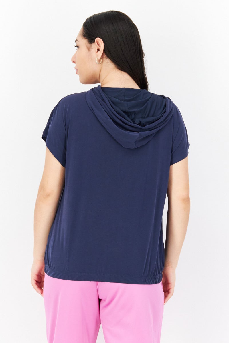 Women Hooded Neck Short Sleeve Plain Top, Navy