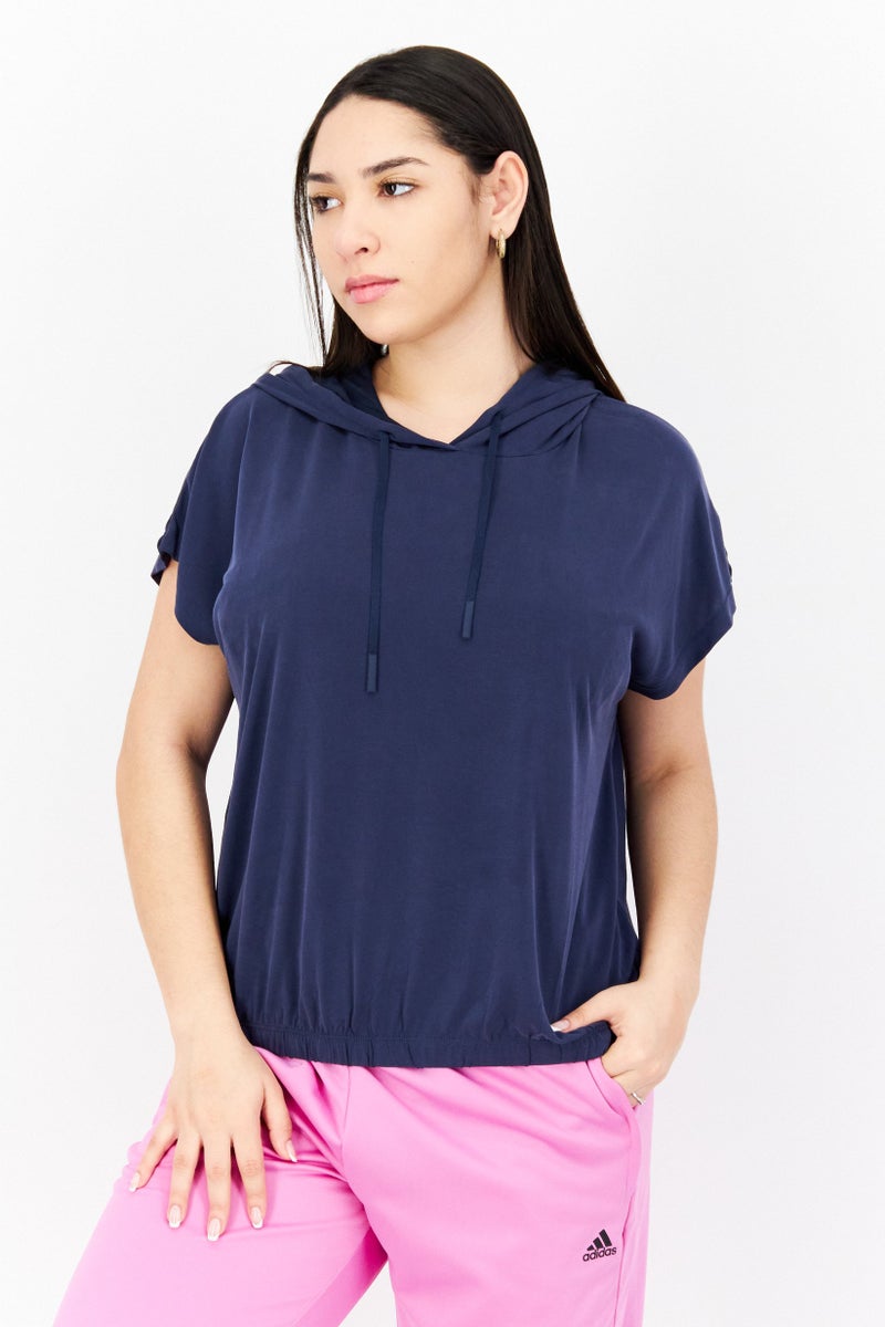 Women Hooded Neck Short Sleeve Plain Top, Navy