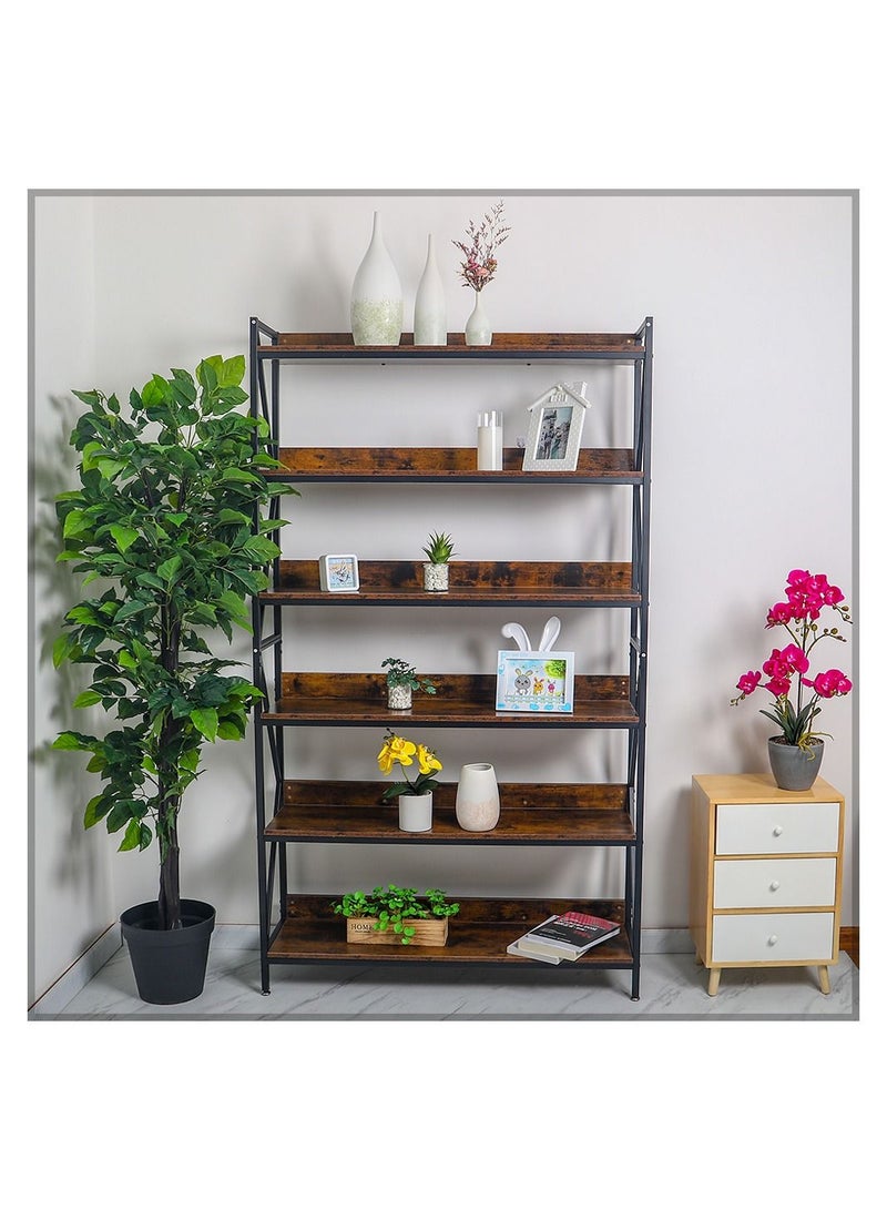 6-Tier Wooden Shelf With Metal Frame Rack