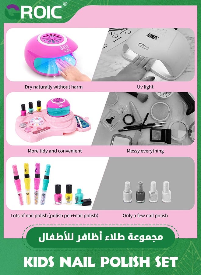 Kids Nail Polish Set for Girls Toy, Nail Art Kit - 3-in-1 Nail Pen/ Nail Dryer/ Nail Polish/ Storage Base, Nail Kit for Girls All Ages, Kid Manicure Nails Kit Birthday Girl Gift