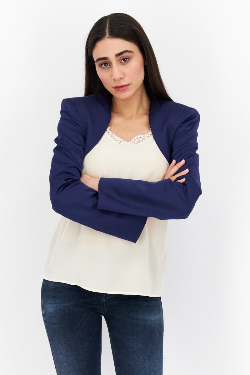 Women Regular Fit Plain Blazer, Navy Blue