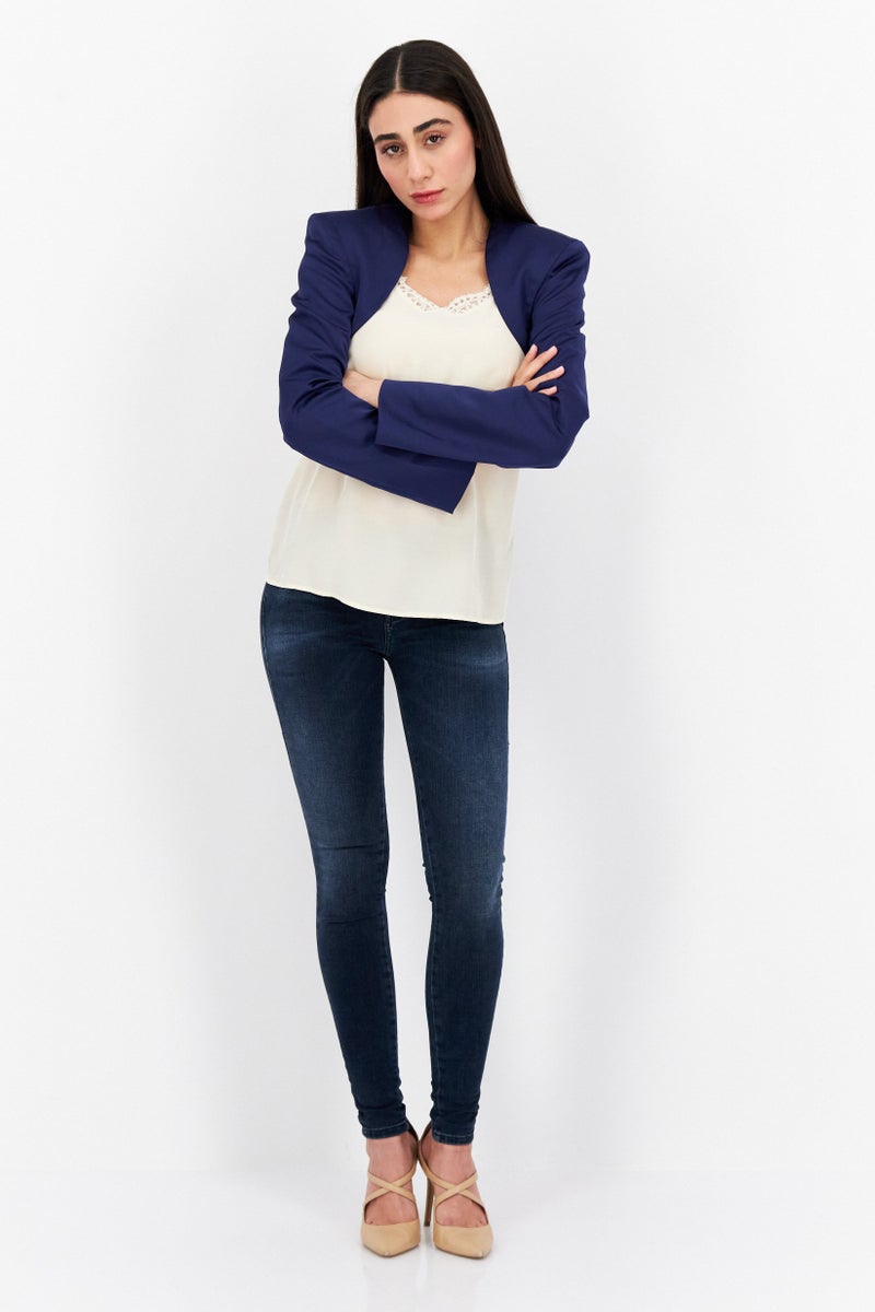 Women Regular Fit Plain Blazer, Navy Blue