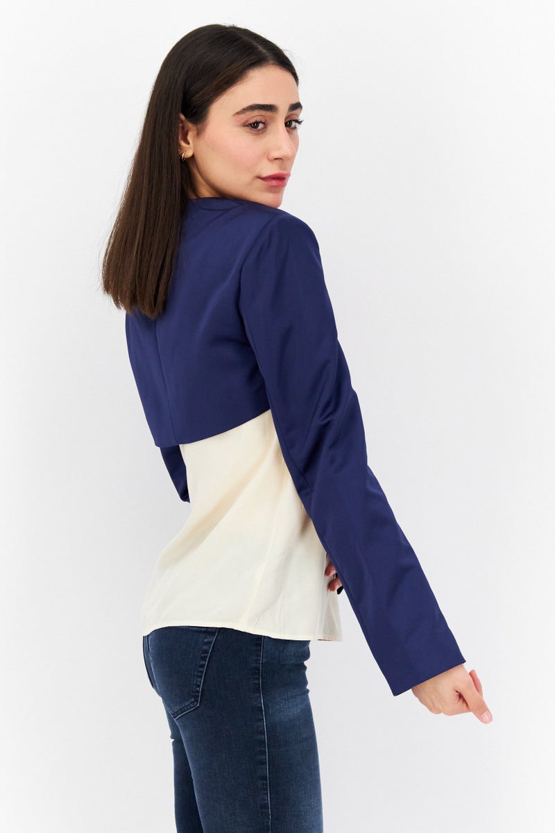 Women Regular Fit Plain Blazer, Navy Blue